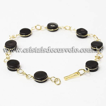 05 Pulseira Disco Ranhurado Obsidiana Negra Dourado ATACADO