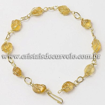 05 Pulseira Pedra Citrino Na Gaiola Banho Dourado Atacado