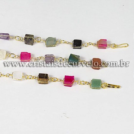 05 Pulseira Quadrado Pedra Mista Ranhurado Elo Dourado Atacado