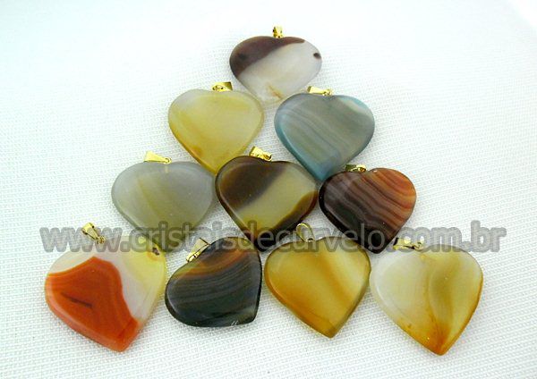 10 Pingente Coração Pedra Ágata Natural Montagem Dourado