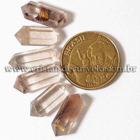 05 Micro Bi Terminado Pedra Cristal Rutilado 15mm Lapidado Bi Ponta