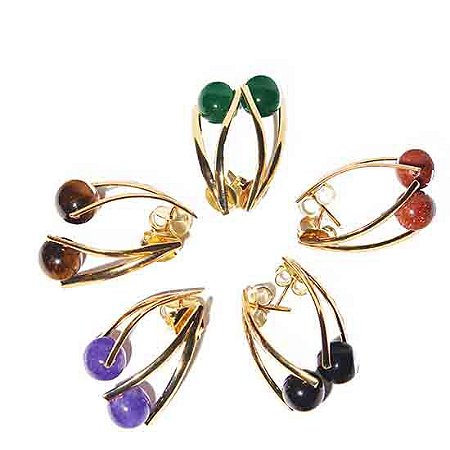 03 Brinco Arco Bolinha Pedra Mista Tarracha Dourado ATACADO