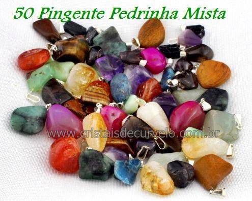 50 Pingente Pedrinha Misto Pedra Rolado Prateado Atacado