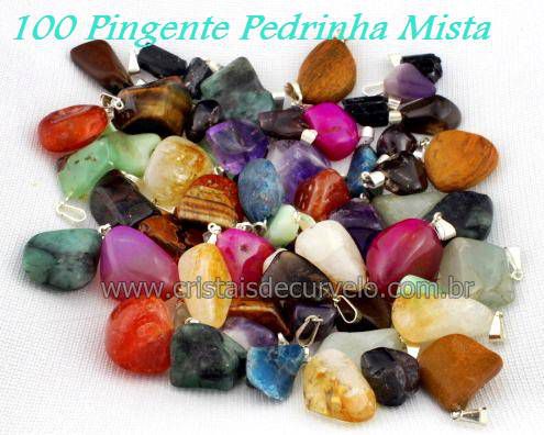 100 Pingente Pedrinha Misto Rolado Prateado Atacado