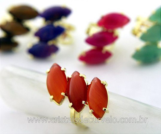 5 Anel Navete Cabochãoo 3 Pedras Misto Banho Flash Dourado Aro Ajustável Atacado