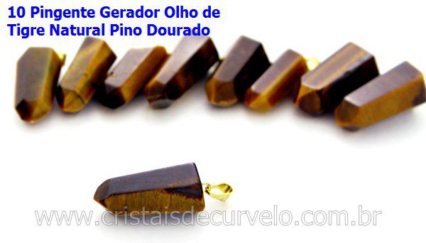 10 Pingente Pontinha Atacado Pedra Olho de Tigre Presilha e Pino Dourado