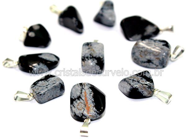10 Pingente Pedrinha Obsidiana Flocos de Neve Prateado ATACADO