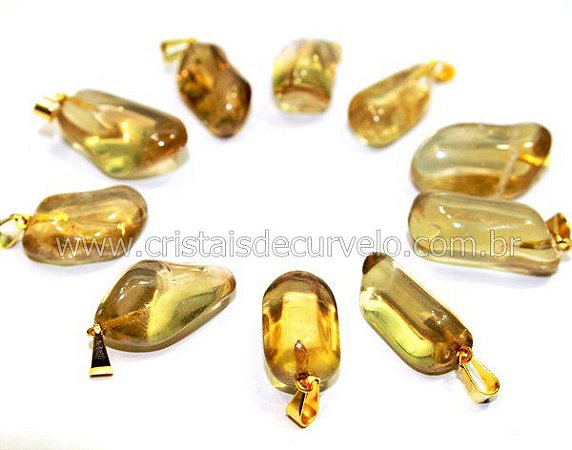 10 Pingente Pedrinha Citrino Natural Dourado ATACADO