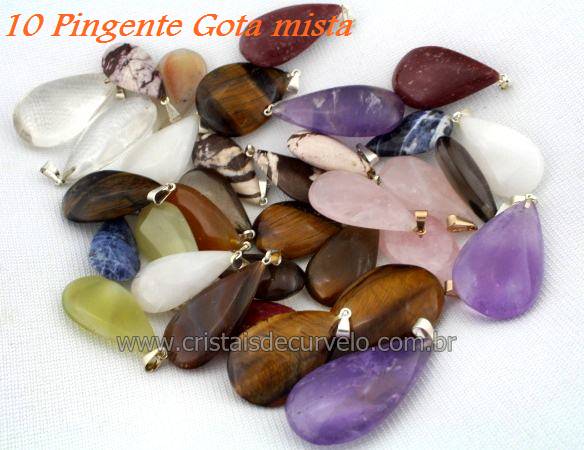 10 Pingente Gota Pedra Misto Natural Montagem Flash Dourado Atacado