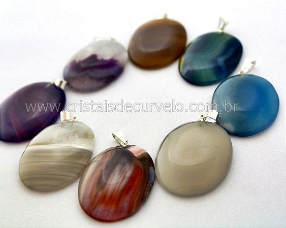 10 Pingente Cabochão Oval Pedra Ágata Misto Prateado Atacado