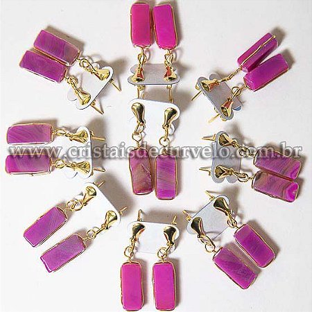 05 Brinco Pedra Agata Rosa Retangulo Ranhurado Dourado ATACADO