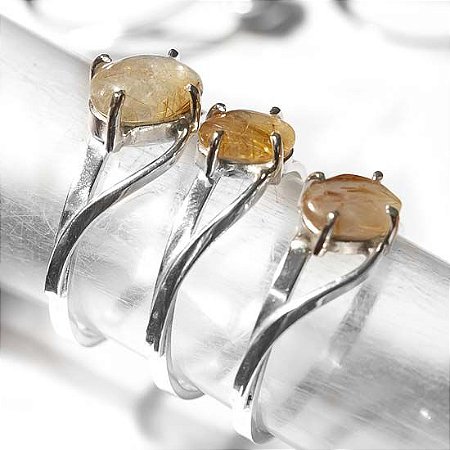 03 Anel Pedra Cristal com Rutilo Dourado Oval Prata 950 Aro Fixo