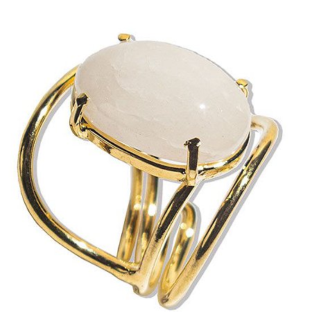 05 Anel Quartzo Leitoso Cabochão Oval Pequeno Dourado Ajustável