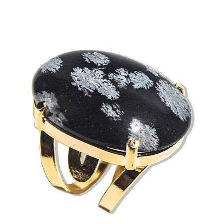 03 Anel Obsidiana Flocos de Neve Cabochão Oval Pedra Dourado