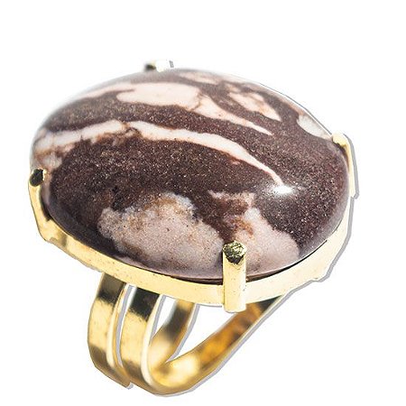 05 Anel Jaspe Brecha Cabochão Oval Pedra Natural Banho Dourado