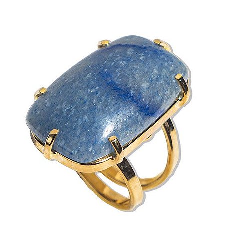 05 Anel Quartzo Azul Retangular Cabochão Dourado Aro Ajustavel