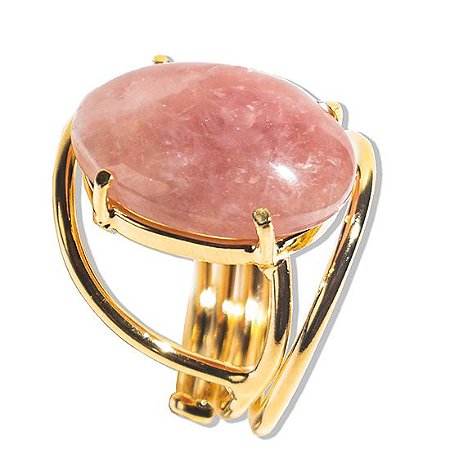03 Anel Quartzo  Morango Cabochão Oval Pequeno Dourado