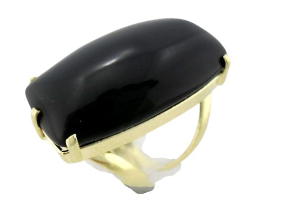 03 Anel Ônix Preto Cabochão Retangular Dourado Aro Ajustável