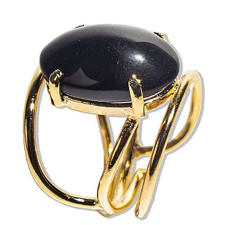 03 Anel Obsidiana Negra Cabochão Oval Pequeno Dourado