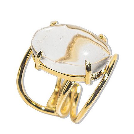 05 Anel Cristal Cabochão Oval Pequeno Natural Dourado Ajustável