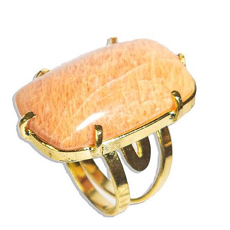 05 Anel Amazonita Rosa Retangulo Cabochão Dourado Aro Ajustavel