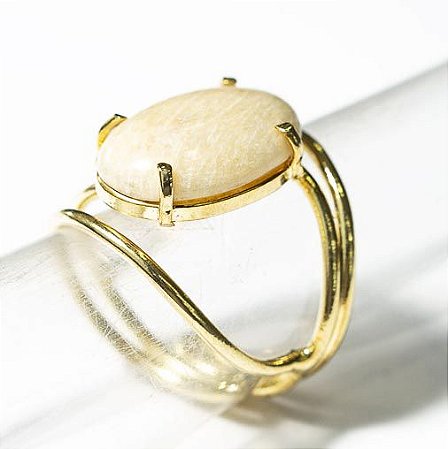05 Anel Cabochão Oval Pequeno Amazonita Pêssego Natural Dourado