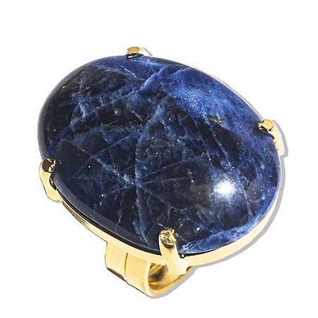 03 Anel Cabochão Oval Sodalita Natural Banho Dourado