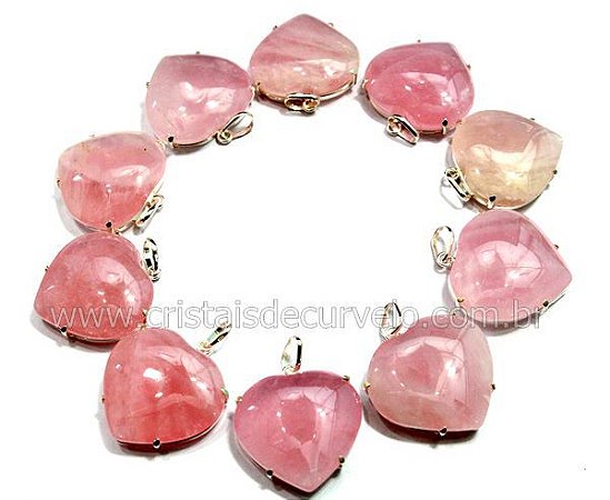 05 Pingente Coração Quartzo Rosa Prata 950 Garra