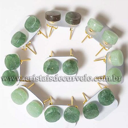 05 Brinco Button Pedra Quartzo Verde Natural Montagem Dourado