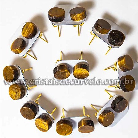 05 Brinco Button Pedra Olho de Tigre Natural Montagem Dourado