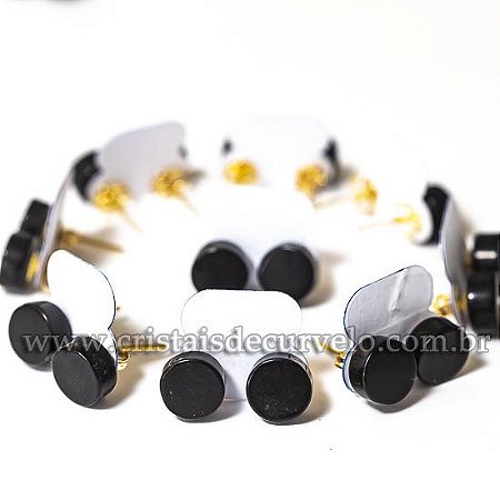 05 Brinco Button Pedra Obsidiana Negra Natural Montagem Dourado