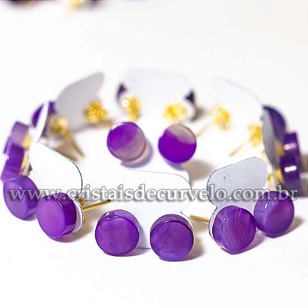 05 Brinco Button Pedra Agata Lilas Natural Montagem Dourado