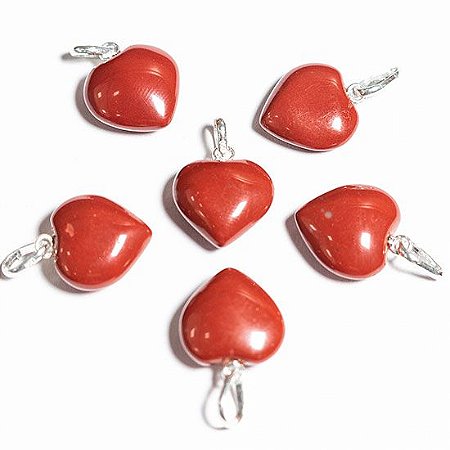 05 Mini Pingente 15mm Coração Pedra Jaspe Vermelho Prata ATACADO
