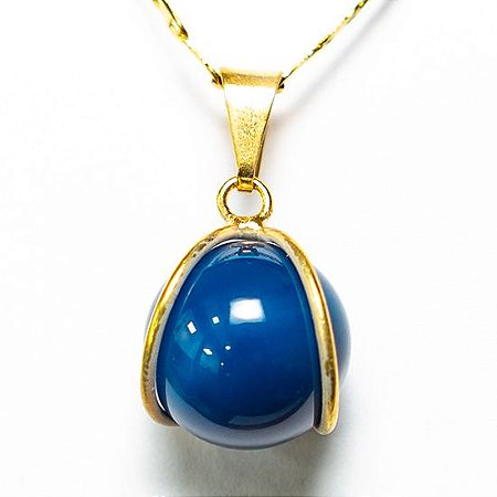 05 Pingente Bolinha Agata Azul Envolto a Pedra Montagem Dourada ATACADO