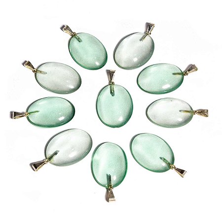 05 Pingente Cabochão Oval Obsidiana Verde Pedra com Montagem Pino Prateado Atacado
