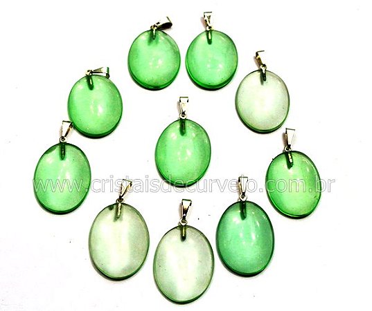 03 Pingente Cabochão Oval Obsidiana Verde Pedra com Montagem Pino Prateado Atacado