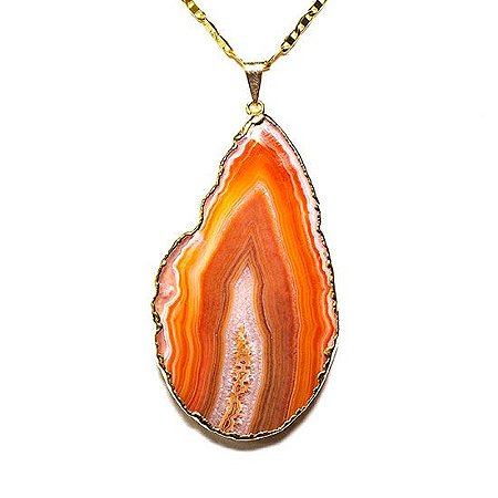 03 Pingente Chapa de Agata Cornalina Pedra Natural Envolto Dourado ATACADO