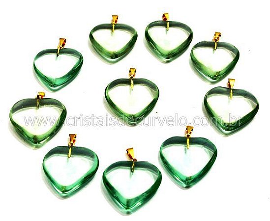 05 Pingente Coração Pedra Obsidiana Verde Montagem Pino Flash Dourado ATACADO