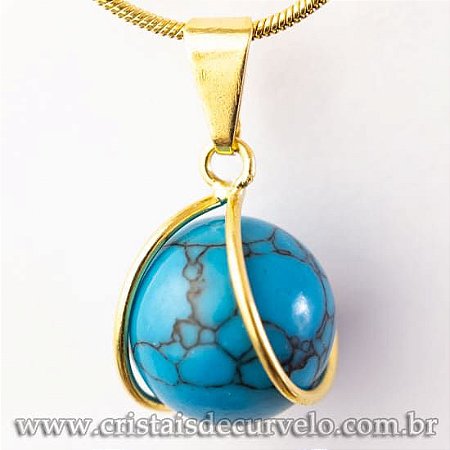 03 Pingente Bolinha Howlita  Azul Pedra Envolto Montagem Dourada ATACADO