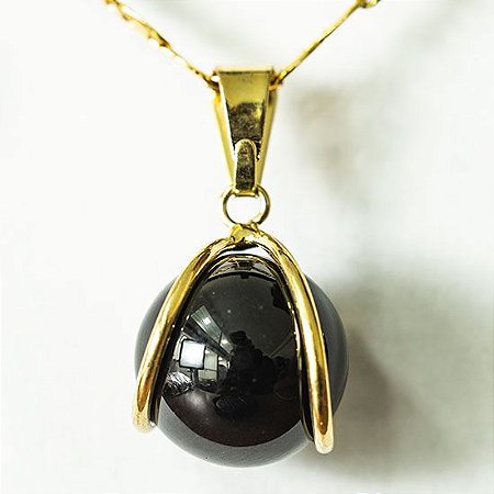 10 Pingente Bolinha Obsidiana Negra Envolto Pedra Montagem Dourada ATACADO