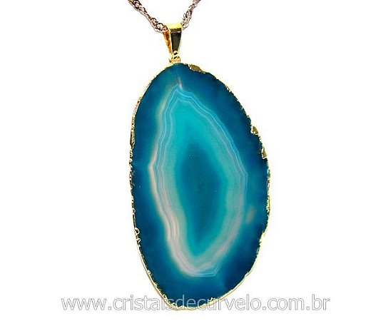 03 Pingente Chapa de Agata Azul Claro Envolto Dourado ATACADO