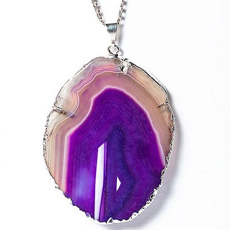 05 Pingente Chapa de Agata Lilas Pedra Natural Envolto Prateado ATACADO