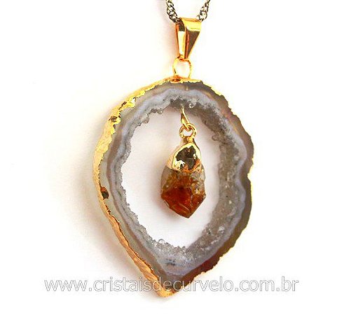 05 Pingente Chapa Geodo Ponta Citrino Banho Dourado ATACADO