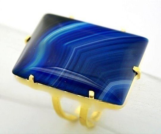 05 Anel Agata Azul Retangulo Pedra Grande Dourado Aro Ajustavel