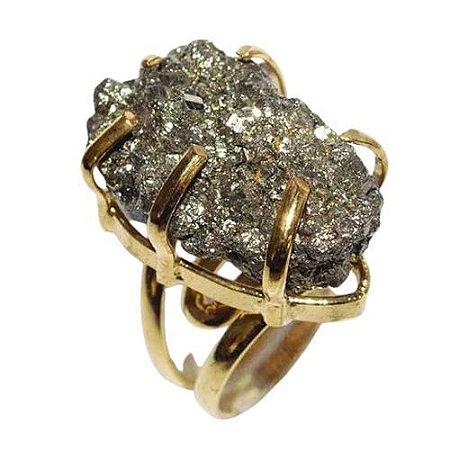 03 Anel Drusa Pirita Extra Natural Aro Ajustável Garra Dourado