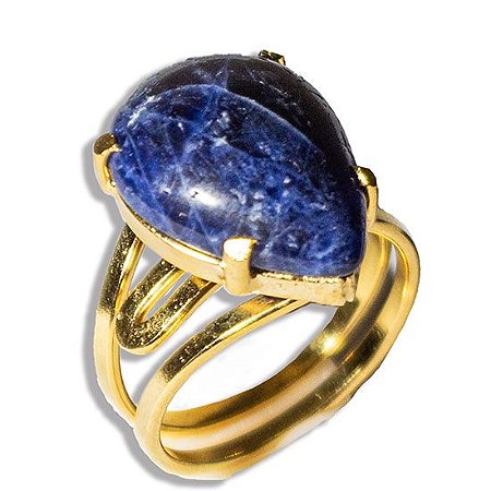 Anel Nlux Gota Pedra Sodalita Azul Natural Garra Dourado