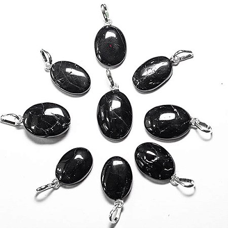 03 Pingente Mini Cabochão Turmalina Preta 18mm Prata 950 Atacado