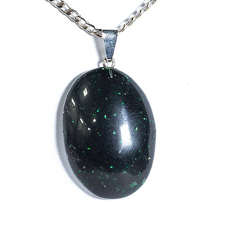 03 Pingente Cabochão Oval Pedra Estrela Verde Pino Prateado Atacado