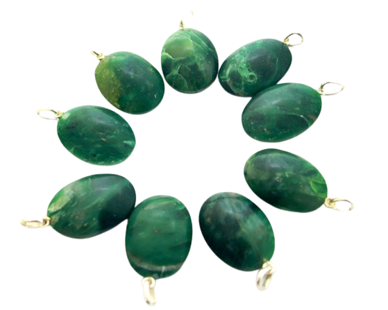 10 Pingente Cabochão Oval Jade Verde de MG Pino Prateado Atacado
