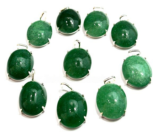 05 Pingente Cabochão Pedra Quartzo Verde Natural Prata 950 Garra